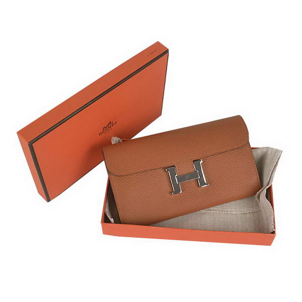 Cheap Fake Hermes Constance Long Wallets Camel Calfskin Leather Silver